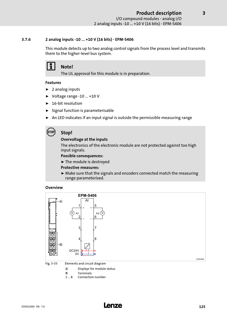 2 analog inputs −10 ... +10 v (16 bits) − epm−s406, Product description, Stop | Lenze I/O system 1000 System Manual User Manual | Page 125 / 744