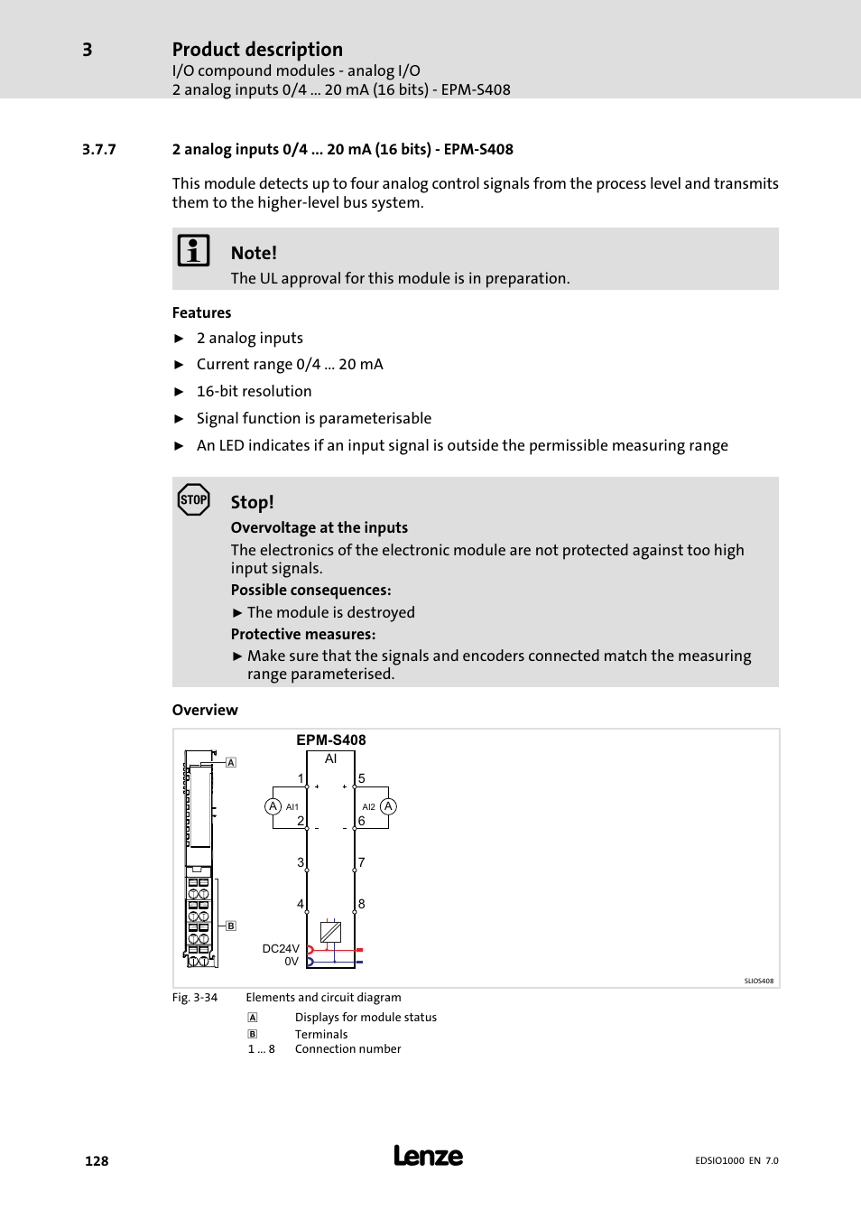 7 2 analog inputs 0/4 ma (16 bits) - epm-s408, 2 analog inputs 0/4 ma (16 bits) − epm−s408, Product description | Stop | Lenze I/O system 1000 System Manual User Manual | Page 128 / 744