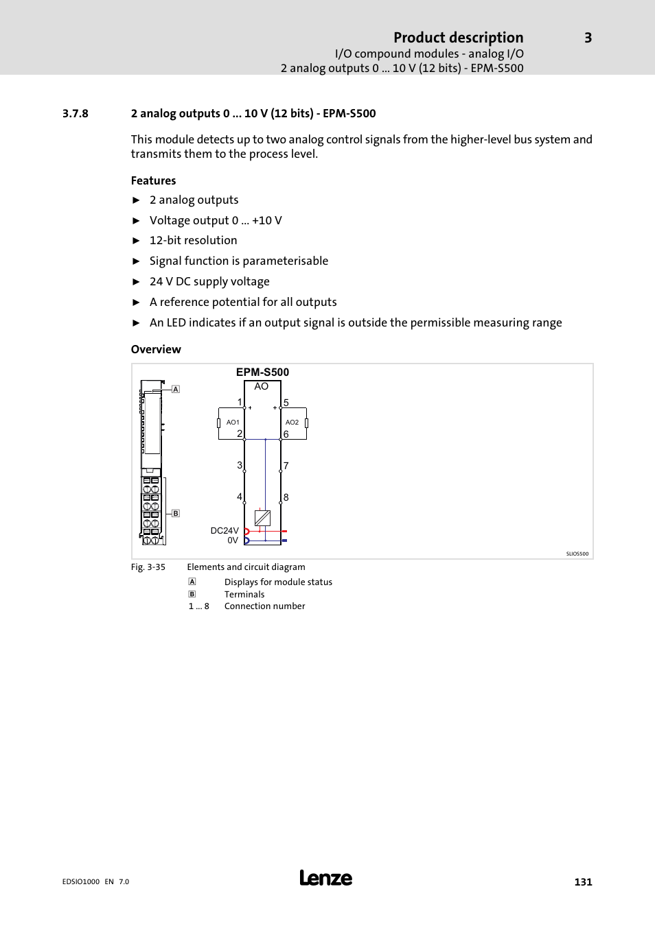 8 2 analog outputs 0 v (12 bits) - epm-s500, 2 analog outputs 0 v (12 bits) − epm−s500, Product description | Lenze I/O system 1000 System Manual User Manual | Page 131 / 744