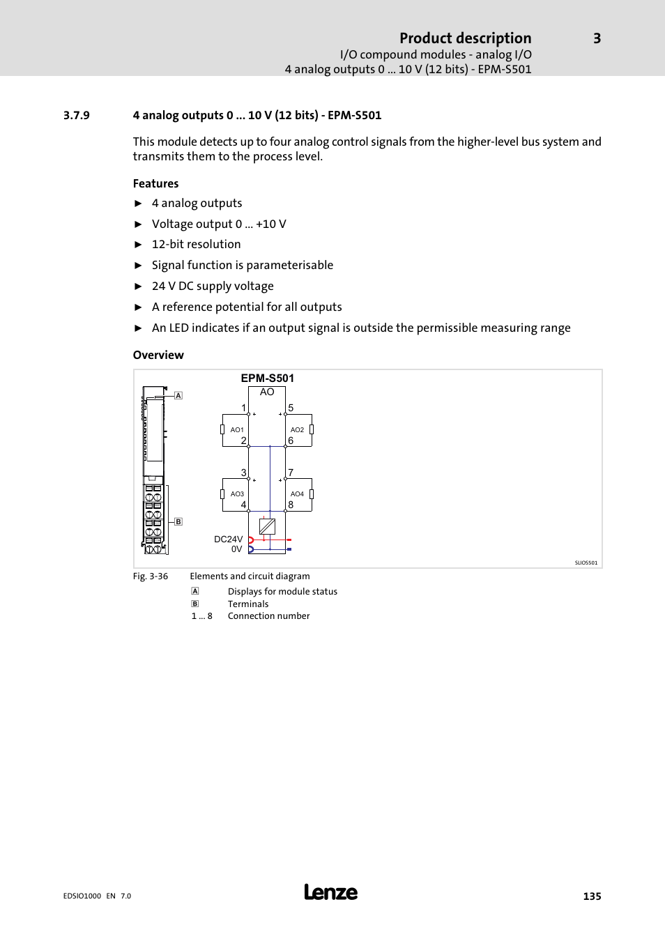 9 4 analog outputs 0 v (12 bits) - epm-s501, 4 analog outputs 0 v (12 bits) − epm−s501, Product description | Lenze I/O system 1000 System Manual User Manual | Page 135 / 744