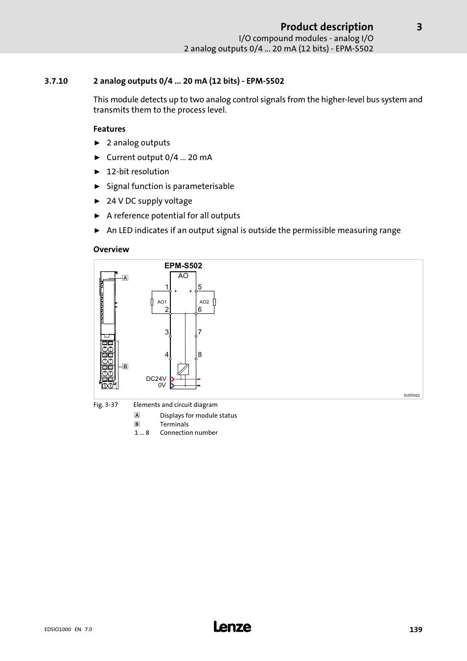 10 2 analog outputs 0/4 ma (12 bits) - epm-s502, 2 analog outputs 0/4 ma (12 bits) − epm−s502, Product description | Lenze I/O system 1000 System Manual User Manual | Page 139 / 744