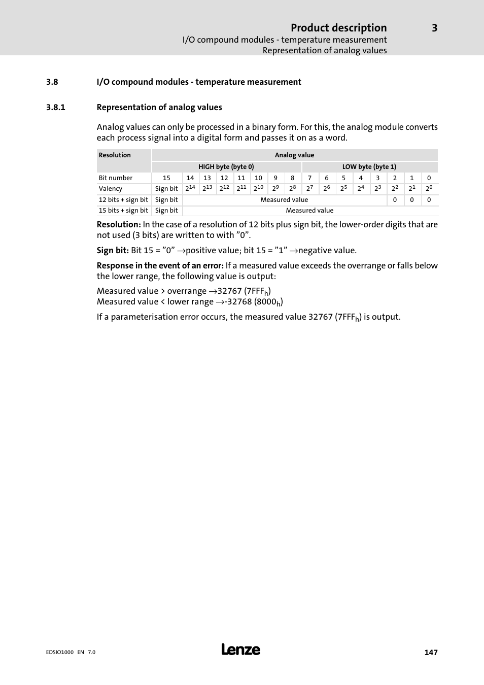 8 i/o compound modules - temperature measurement, 1 representation of analog values, I/o compound modules − temperature measurement | Representation of analog values, Product description | Lenze I/O system 1000 System Manual User Manual | Page 147 / 744