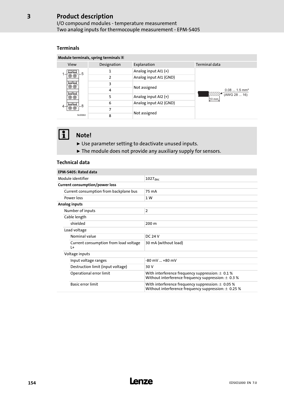 Product description, Terminals, Use parameter setting to deactivate unused inputs | Lenze I/O system 1000 System Manual User Manual | Page 154 / 744