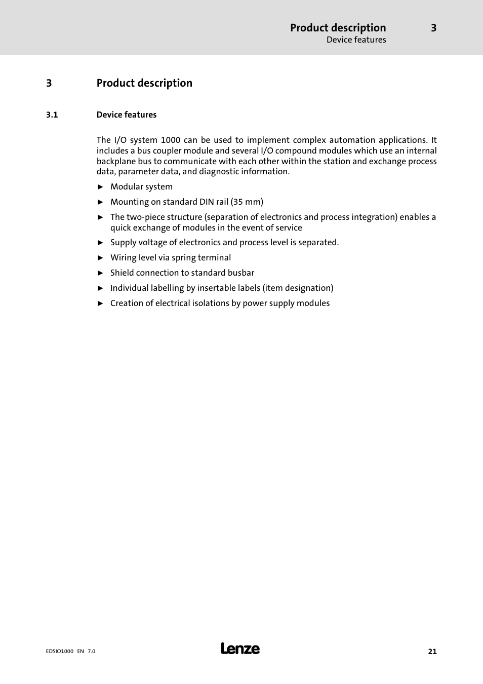 3 product description, 1 device features, Product description | Device features, 3product description | Lenze I/O system 1000 System Manual User Manual | Page 21 / 744