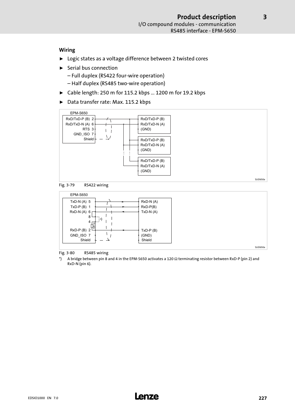Product description, Wiring, Data transfer rate: max. 115.2 kbps | Lenze I/O system 1000 System Manual User Manual | Page 227 / 744