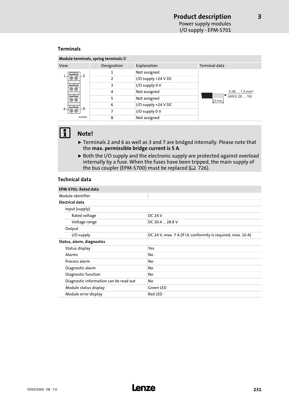 Product description, Power supply modules i/o supply − epm−s701, Terminals | Lenze I/O system 1000 System Manual User Manual | Page 231 / 744