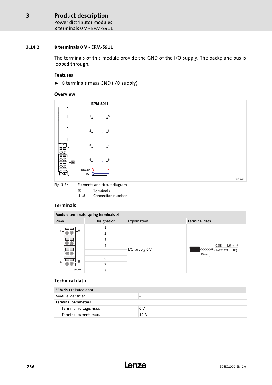 2 8 terminals 0 v - epm-s911, 8 terminals 0 v − epm−s911, Product description | 8 terminals mass gnd (i/o supply) overview, Terminals, Technical data | Lenze I/O system 1000 System Manual User Manual | Page 236 / 744