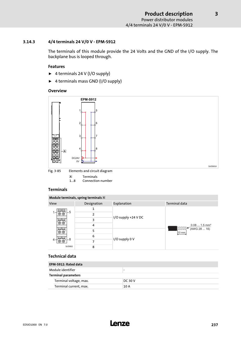 3 4/4 terminals 24 v/0 v - epm-s912, 4/4 terminals 24 v/0 v − epm−s912, Product description | 4 terminals 24 v (i/o supply), 4 terminals mass gnd (i/o supply) overview, Terminals, Technical data | Lenze I/O system 1000 System Manual User Manual | Page 237 / 744