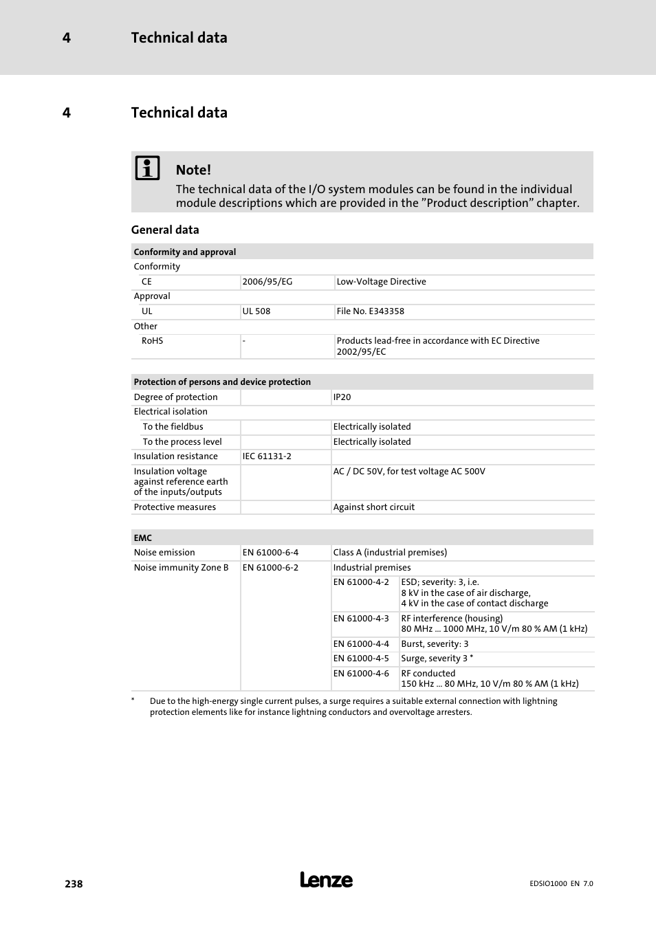 4 technical data, Technical data, Technical data 4 | 4technical data | Lenze I/O system 1000 System Manual User Manual | Page 238 / 744
