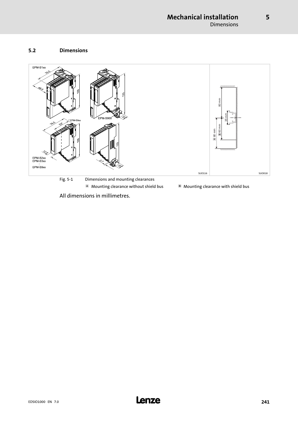 2 dimensions, Dimensions, Mechanical installation | All dimensions in millimetres | Lenze I/O system 1000 System Manual User Manual | Page 241 / 744