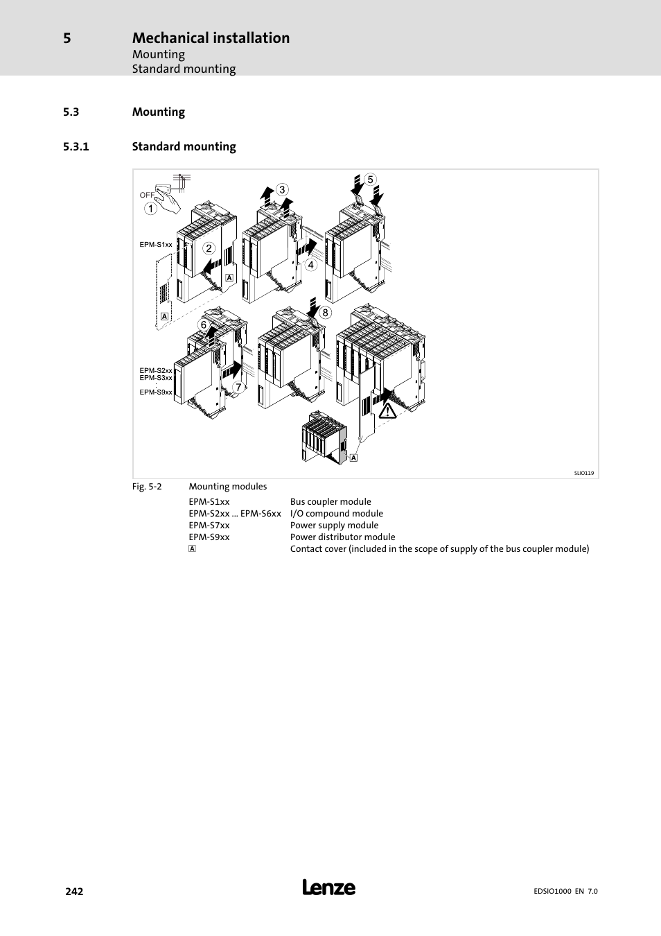 3 mounting, 1 standard mounting, Mounting | Standard mounting, Mechanical installation | Lenze I/O system 1000 System Manual User Manual | Page 242 / 744