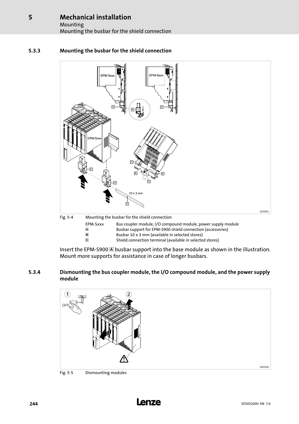 3 mounting the busbar for the shield connection, Mounting the busbar for the shield connection, Mechanical installation | Lenze I/O system 1000 System Manual User Manual | Page 244 / 744