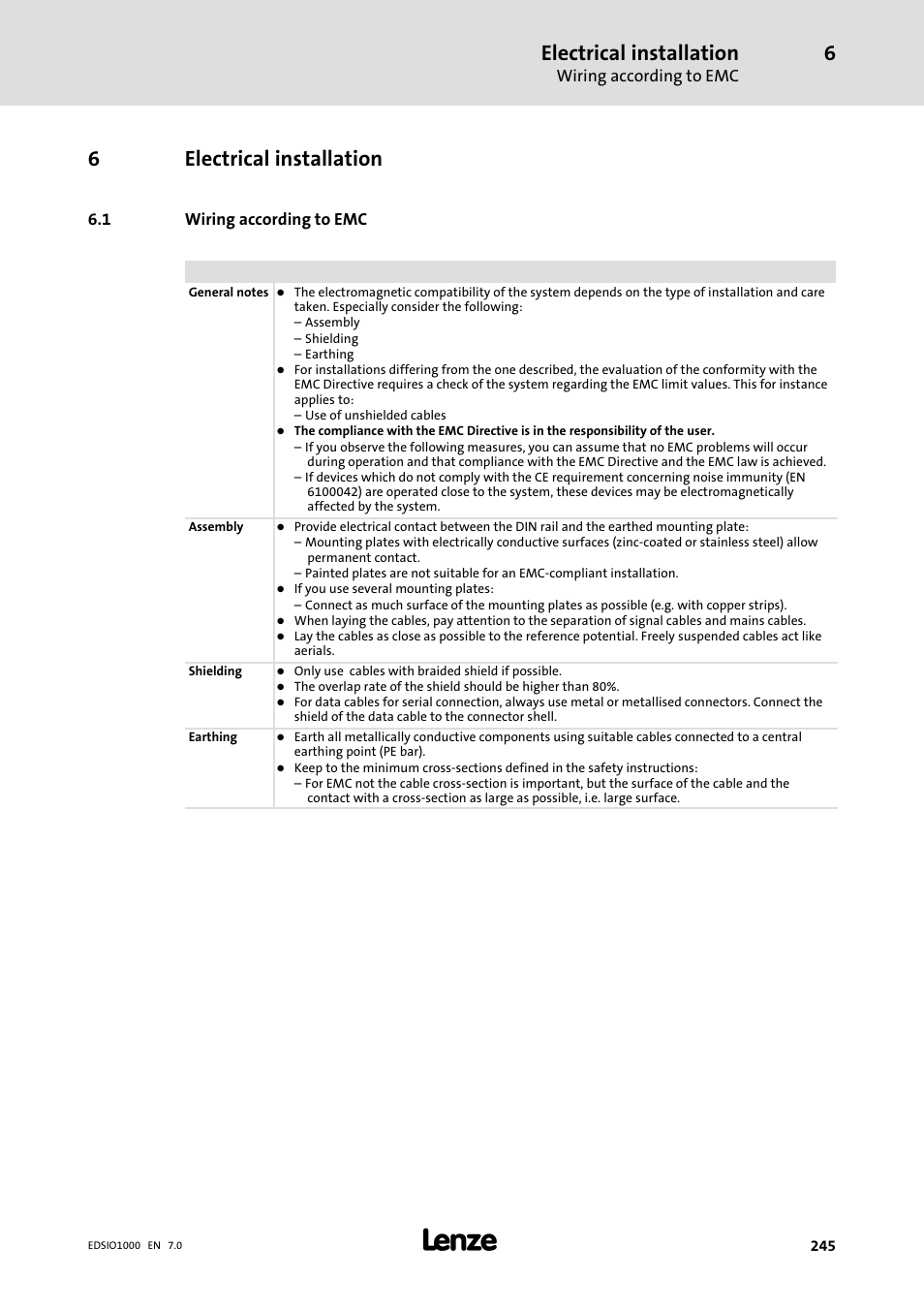 6 electrical installation, 1 wiring according to emc, Electrical installation | Wiring according to emc, 6electrical installation | Lenze I/O system 1000 System Manual User Manual | Page 245 / 744