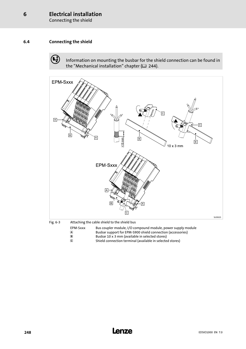 4 connecting the shield, Connecting the shield, Electrical installation | Lenze I/O system 1000 System Manual User Manual | Page 248 / 744