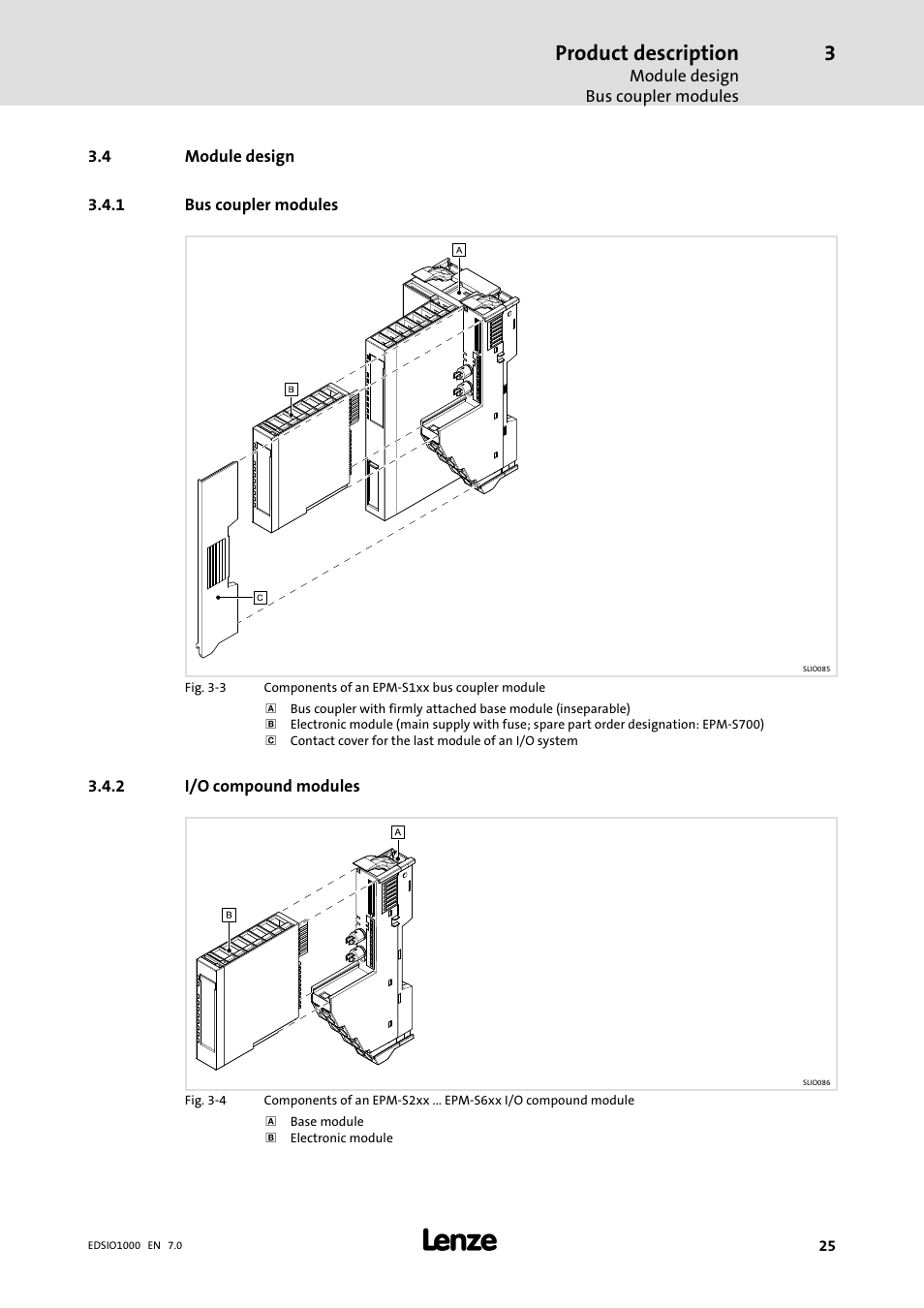 4 module design, 1 bus coupler modules, 2 i/o compound modules | Module design, Bus coupler modules, I/o compound modules, Product description | Lenze I/O system 1000 System Manual User Manual | Page 25 / 744