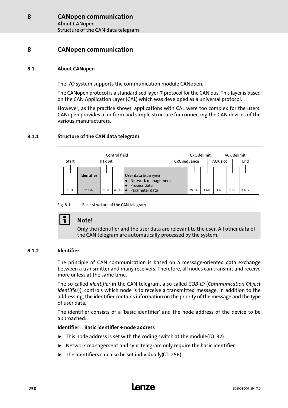 8 canopen communication, 1 about canopen, 1 structure of the can data telegram | 2 identifier, Canopen communication, About canopen, Structure of the can data telegram, Identifier, 8canopen communication | Lenze I/O system 1000 System Manual User Manual | Page 250 / 744