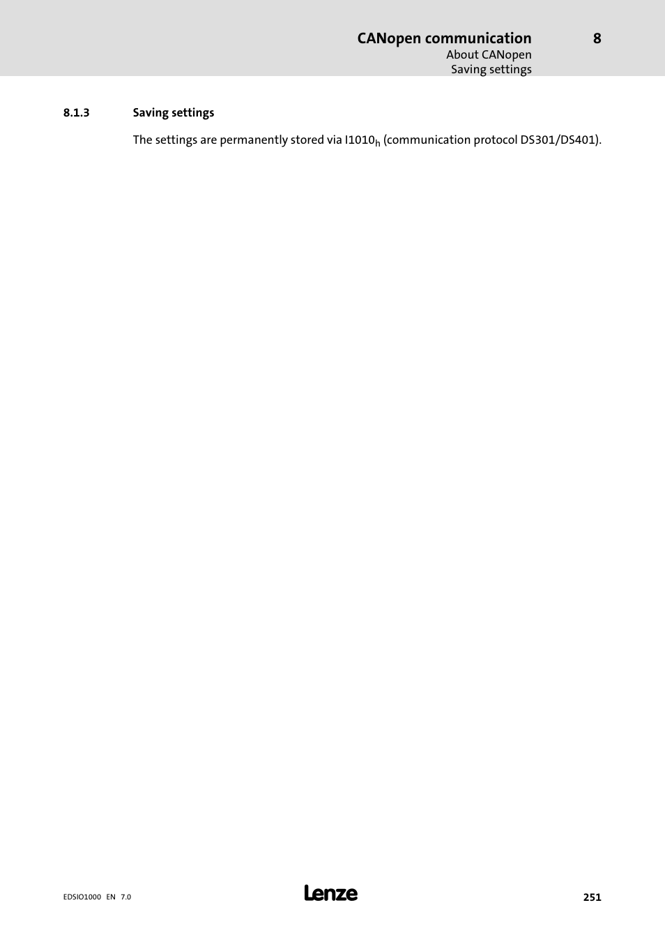 3 saving settings, Saving settings, Canopen communication | Lenze I/O system 1000 System Manual User Manual | Page 251 / 744
