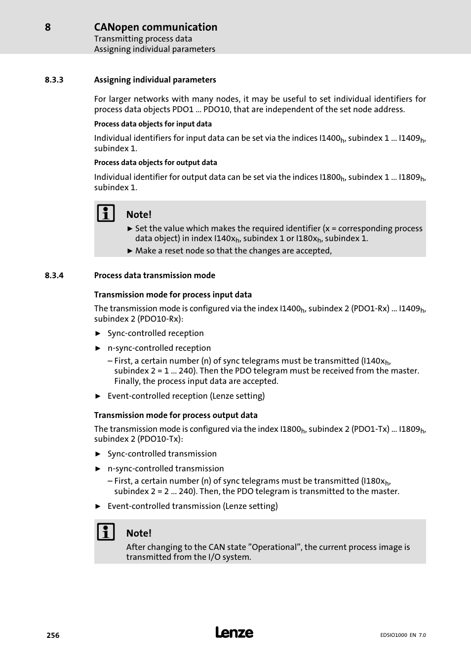 3 assigning individual parameters, 4 process data transmission mode, Assigning individual parameters | Process data transmission mode, Canopen communication | Lenze I/O system 1000 System Manual User Manual | Page 256 / 744