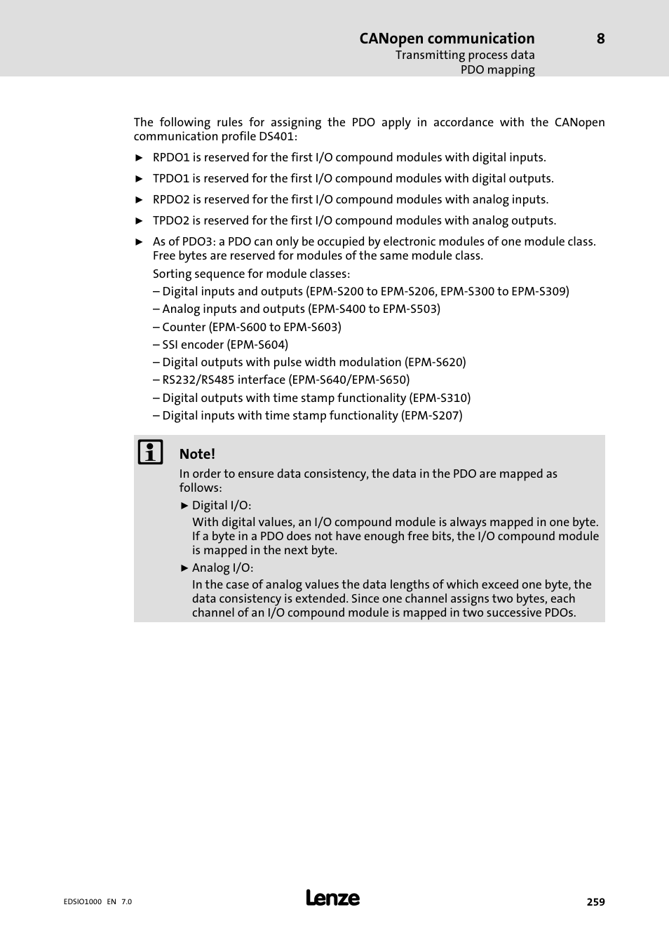 Canopen communication | Lenze I/O system 1000 System Manual User Manual | Page 259 / 744