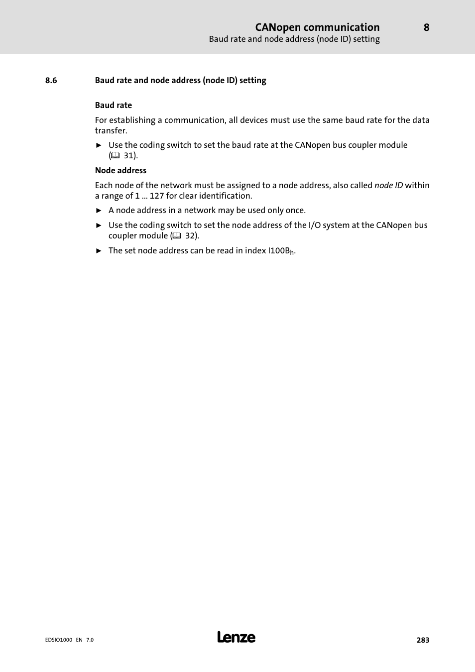 6 baud rate and node address (node id) setting, Baud rate and node address (node id) setting, Canopen communication | Lenze I/O system 1000 System Manual User Manual | Page 283 / 744