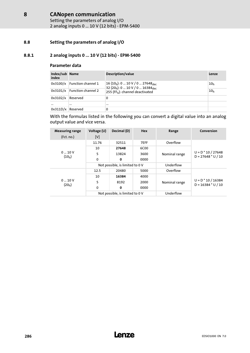 8 setting the parameters of analog i/o, 1 2 analog inputs 0 v (12 bits) - epm-s400, Setting the parameters of analog i/o | 2 analog inputs 0 v (12 bits) − epm−s400, Canopen communication | Lenze I/O system 1000 System Manual User Manual | Page 286 / 744