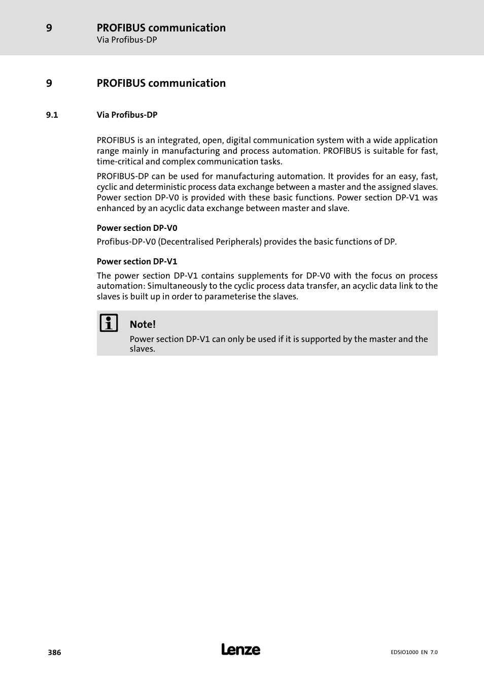 9 profibus communication, 1 via profibus-dp, Profibus communication | Via profibus−dp | Lenze I/O system 1000 System Manual User Manual | Page 386 / 744