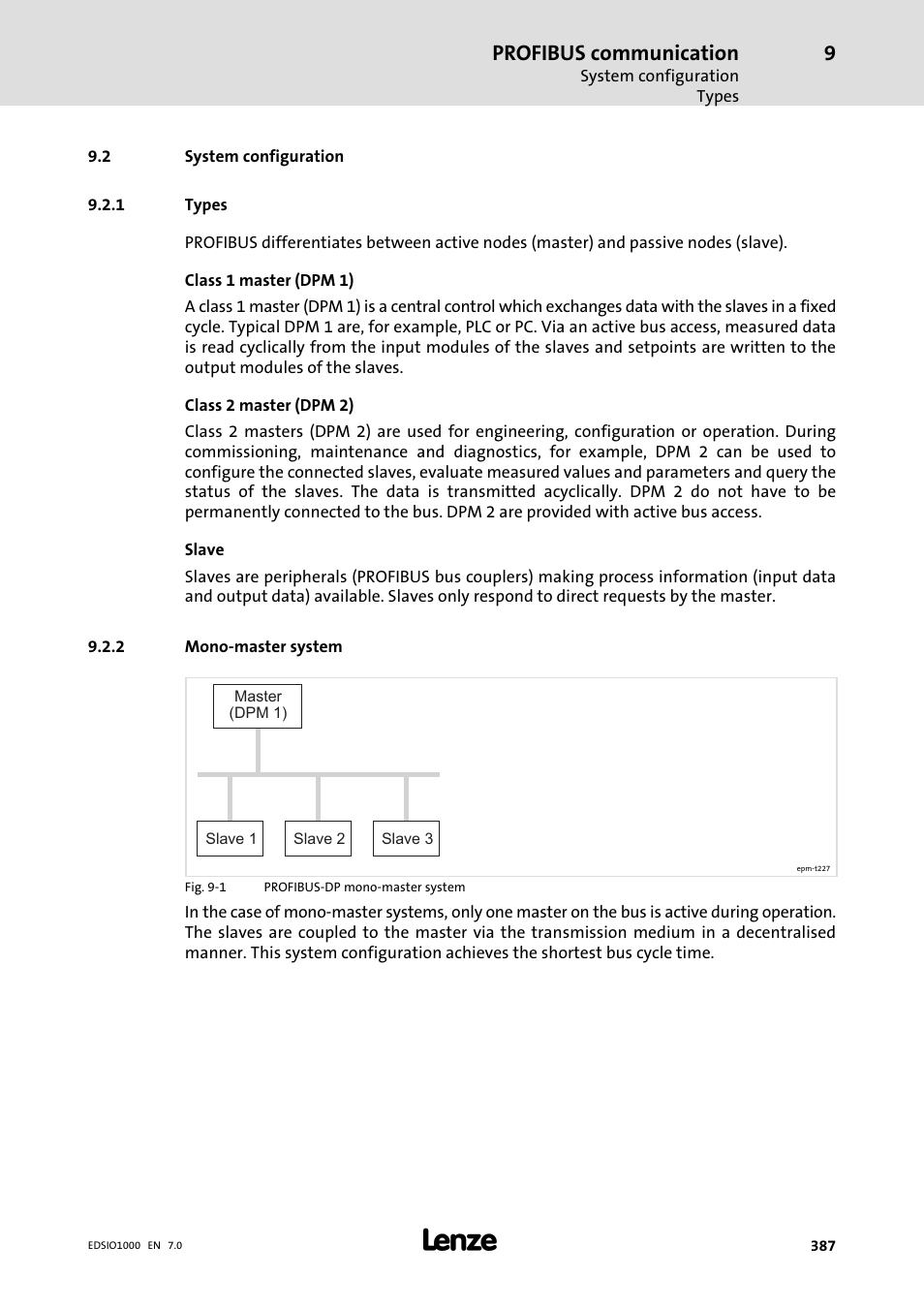 2 system configuration, 1 types, 2 mono-master system | System configuration, Types, Mono−master system, Profibus communication | Lenze I/O system 1000 System Manual User Manual | Page 387 / 744