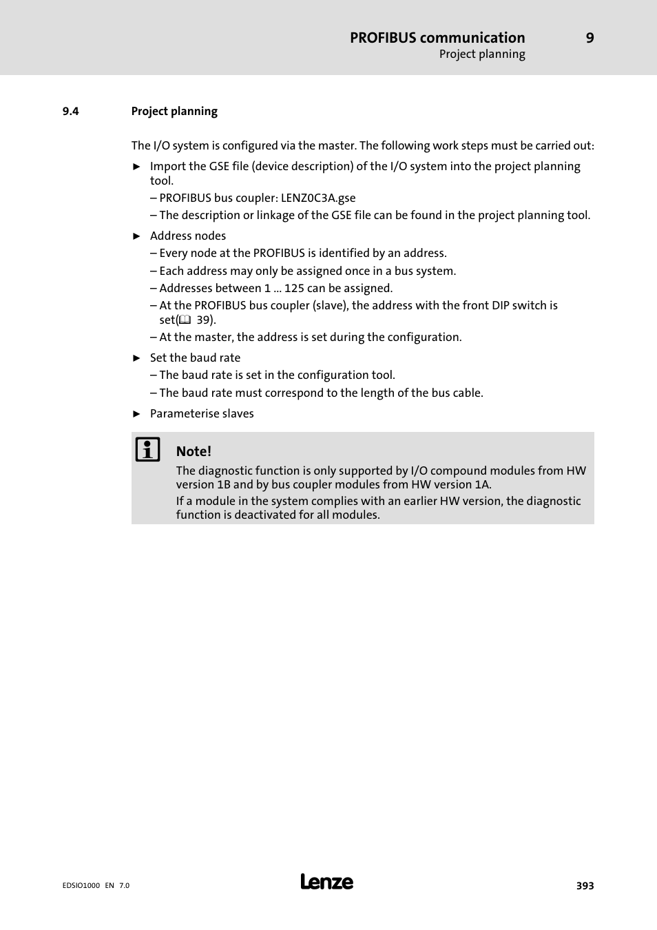 4 project planning, Project planning, Profibus communication | Lenze I/O system 1000 System Manual User Manual | Page 393 / 744