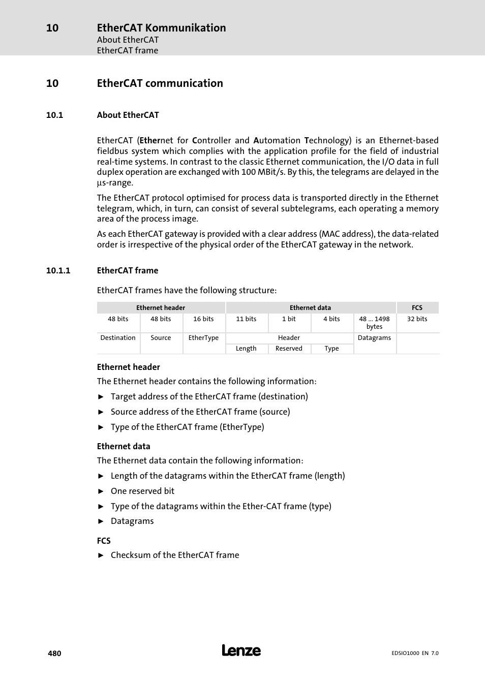 10 ethercat communication, 1 about ethercat, 1 ethercat frame | Ethercat communication, Ethercat frame, Ethercat kommunikation | Lenze I/O system 1000 System Manual User Manual | Page 480 / 744