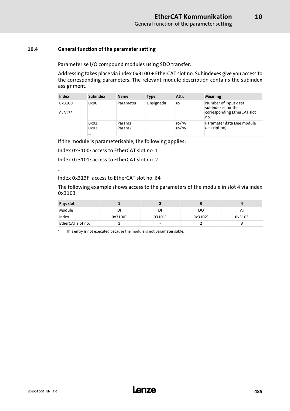 4 general function of the parameter setting, Ethercat kommunikation | Lenze I/O system 1000 System Manual User Manual | Page 485 / 744