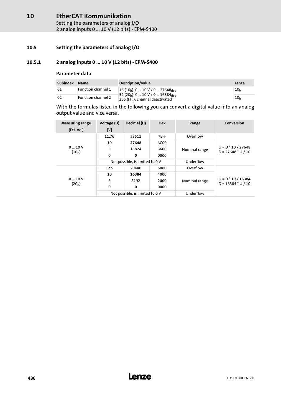 5 setting the parameters of analog i/o, 1 2 analog inputs 0 v (12 bits) - epm-s400, 2 analog inputs 0 v (12 bits) − epm−s400 | Ethercat kommunikation | Lenze I/O system 1000 System Manual User Manual | Page 486 / 744