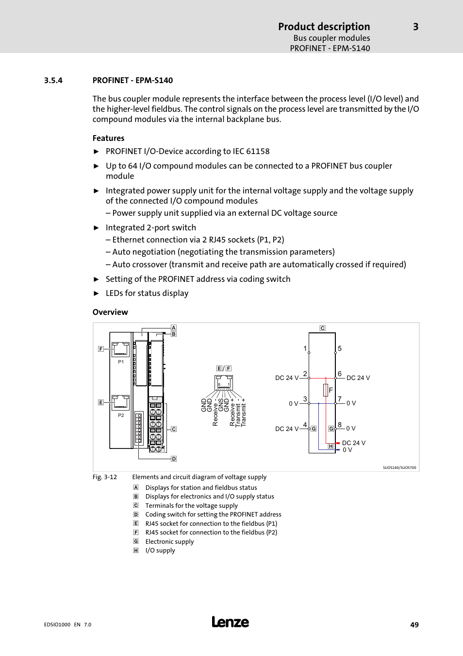 4 profinet - epm-s140, Profinet − epm−s140, Product description | Lenze I/O system 1000 System Manual User Manual | Page 49 / 744