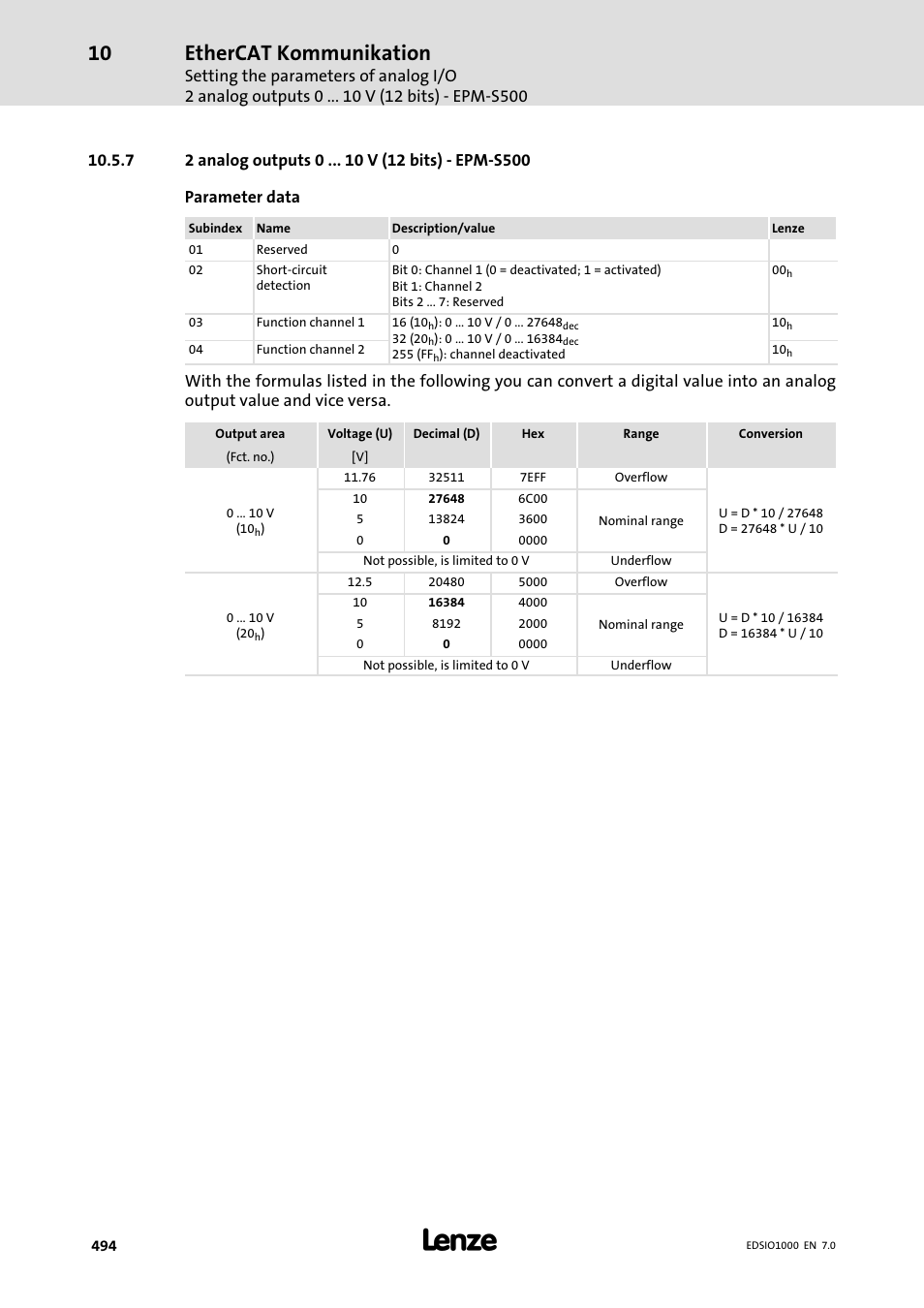 7 2 analog outputs 0 v (12 bits) - epm-s500, 2 analog outputs 0 v (12 bits) − epm−s500, Ethercat kommunikation | Lenze I/O system 1000 System Manual User Manual | Page 494 / 744