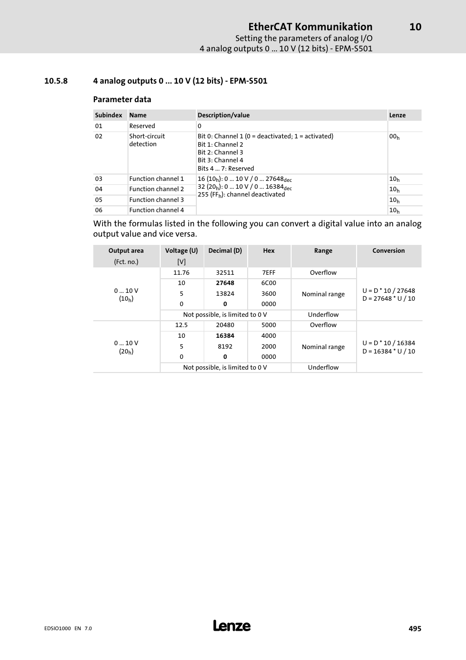 8 4 analog outputs 0 v (12 bits) - epm-s501, 4 analog outputs 0 v (12 bits) − epm−s501, Ethercat kommunikation | Lenze I/O system 1000 System Manual User Manual | Page 495 / 744