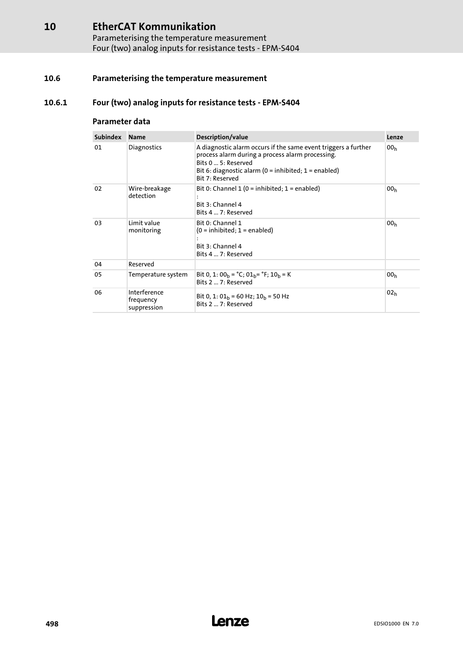 6 parameterising the temperature measurement, Ethercat kommunikation | Lenze I/O system 1000 System Manual User Manual | Page 498 / 744