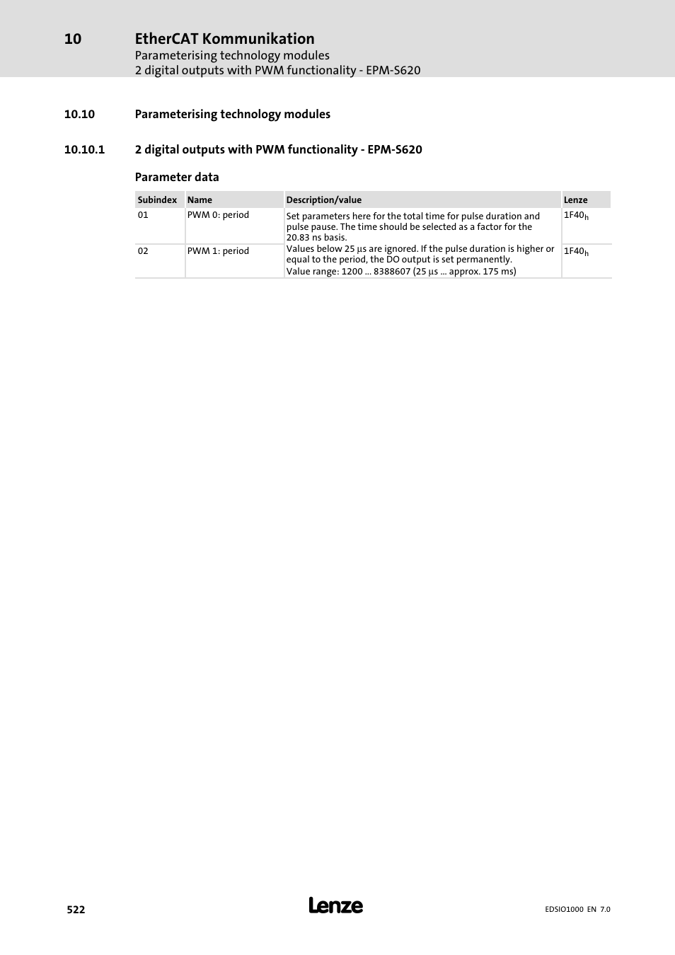 10 parameterising technology modules, Ethercat kommunikation | Lenze I/O system 1000 System Manual User Manual | Page 522 / 744