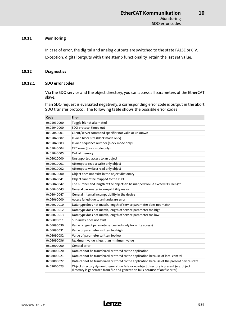 11 monitoring, 12 diagnostics, 1 sdo error codes | Ethercat kommunikation | Lenze I/O system 1000 System Manual User Manual | Page 535 / 744