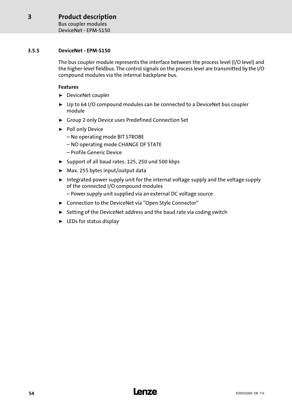 5 devicenet - epm-s150, Devicenet − epm−s150, Product description | Lenze I/O system 1000 System Manual User Manual | Page 54 / 744