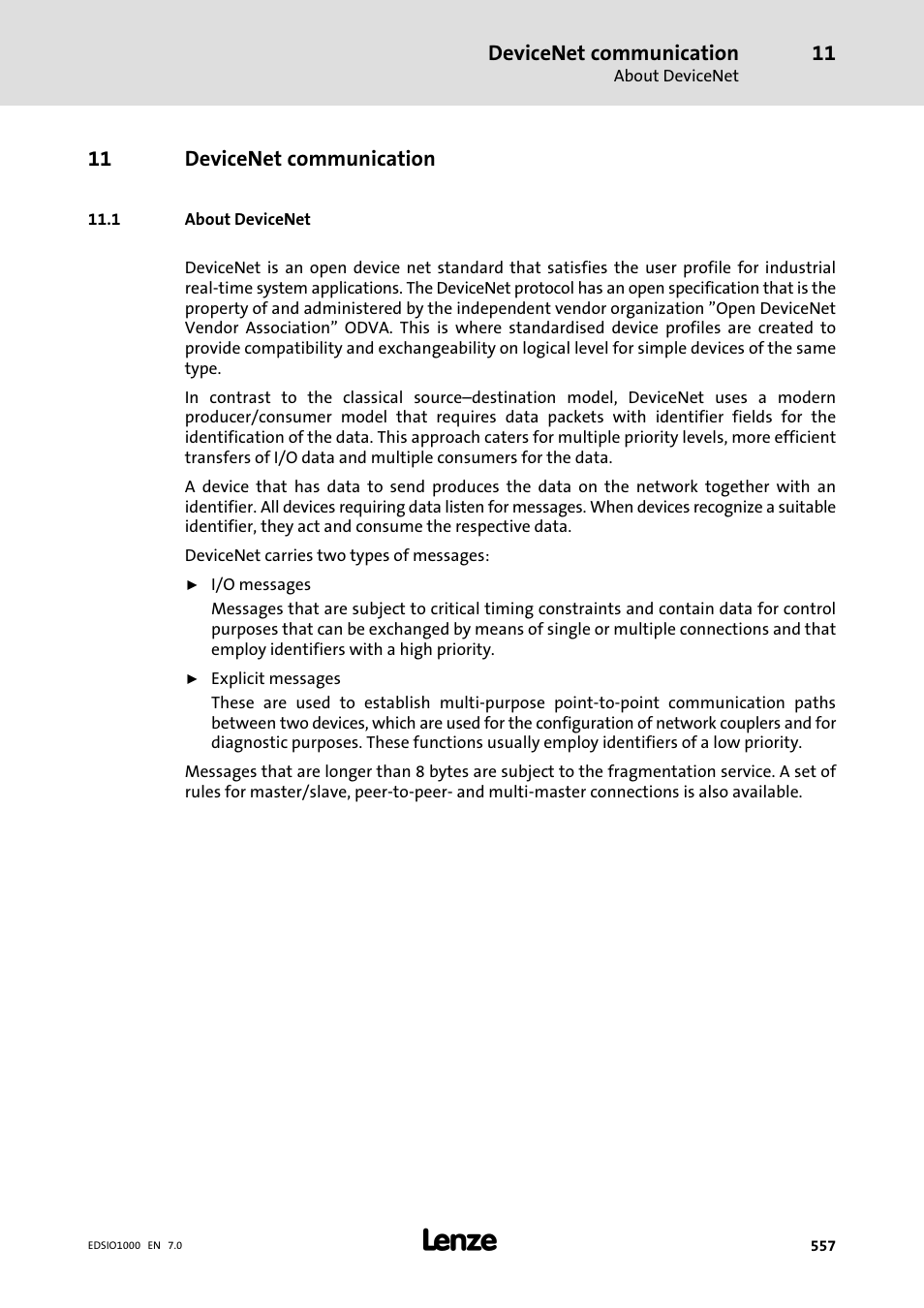 11 devicenet communication, 1 about devicenet, Devicenet communication | Lenze I/O system 1000 System Manual User Manual | Page 557 / 744