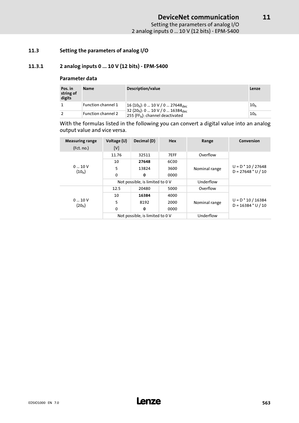 3 setting the parameters of analog i/o, 1 2 analog inputs 0 v (12 bits) - epm-s400, 2 analog inputs 0 v (12 bits) − epm−s400 | Devicenet communication | Lenze I/O system 1000 System Manual User Manual | Page 563 / 744