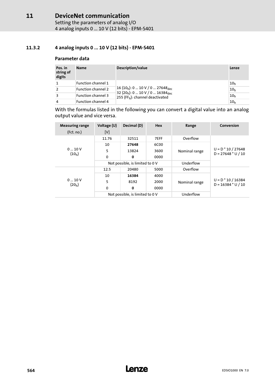 2 4 analog inputs 0 v (12 bits) - epm-s401, 4 analog inputs 0 v (12 bits) − epm−s401, Devicenet communication | Lenze I/O system 1000 System Manual User Manual | Page 564 / 744