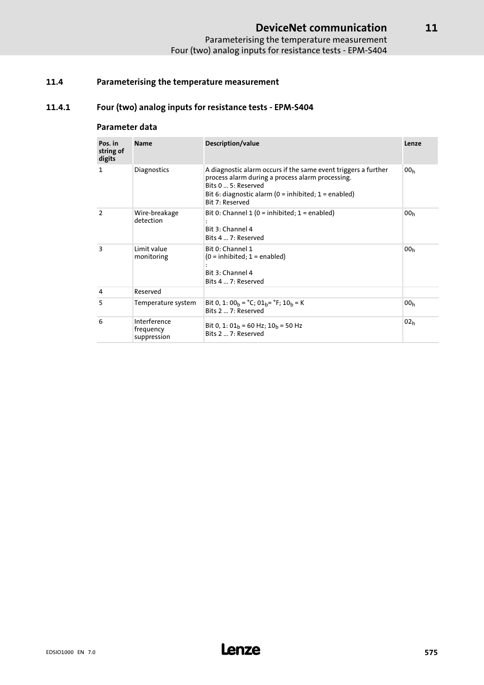 4 parameterising the temperature measurement, Devicenet communication | Lenze I/O system 1000 System Manual User Manual | Page 575 / 744