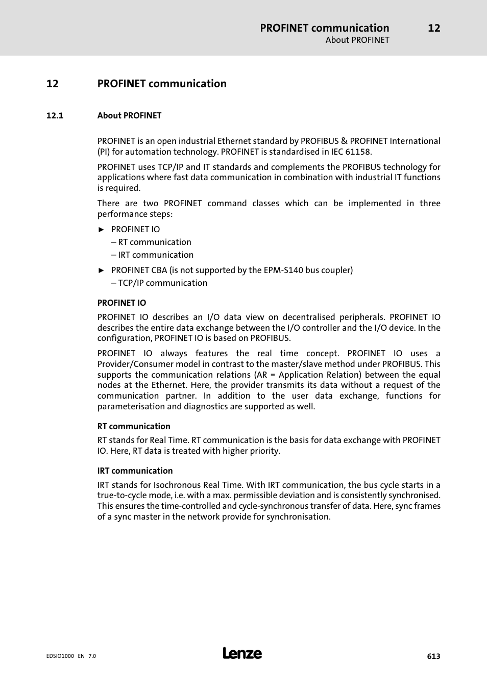 12 profinet communication, 1 about profinet, Profinet communication | Lenze I/O system 1000 System Manual User Manual | Page 613 / 744