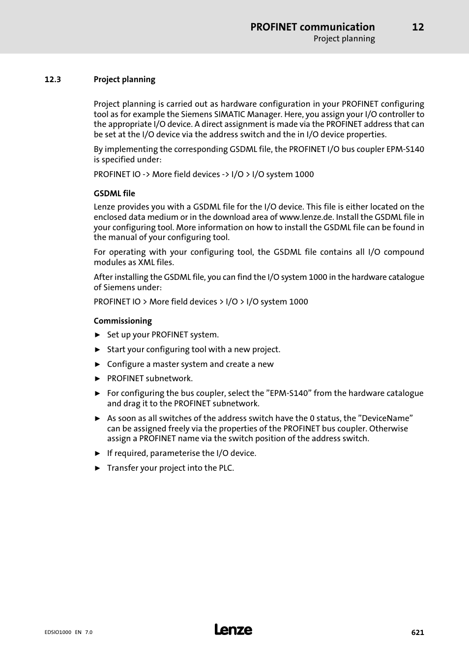 3 project planning, Profinet communication | Lenze I/O system 1000 System Manual User Manual | Page 621 / 744