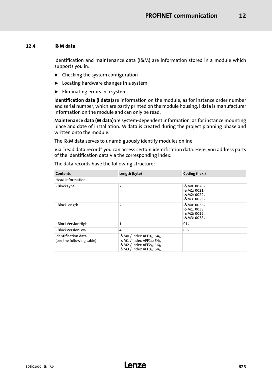 4 i&m data, Profinet communication 12, Checking the system configuration | Locating hardware changes in a system | Lenze I/O system 1000 System Manual User Manual | Page 623 / 744