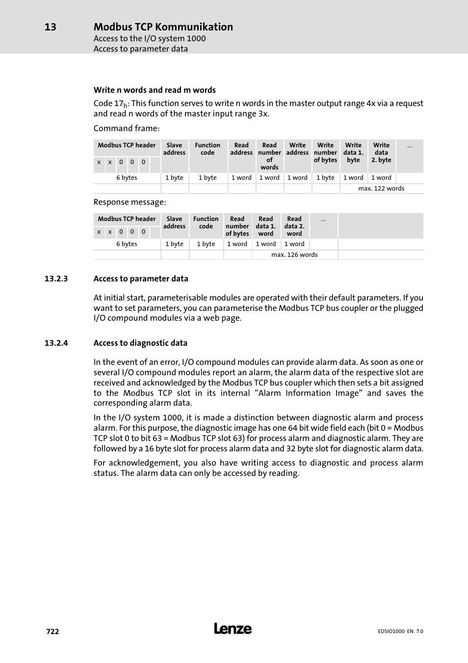 3 access to parameter data, 4 access to diagnostic data, Access to parameter data | Access to diagnostic data, Modbus tcp kommunikation | Lenze I/O system 1000 System Manual User Manual | Page 722 / 744