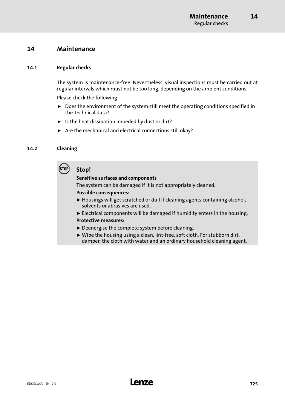 14 maintenance, 1 regular checks, 2 cleaning | Maintenance | Lenze I/O system 1000 System Manual User Manual | Page 725 / 744