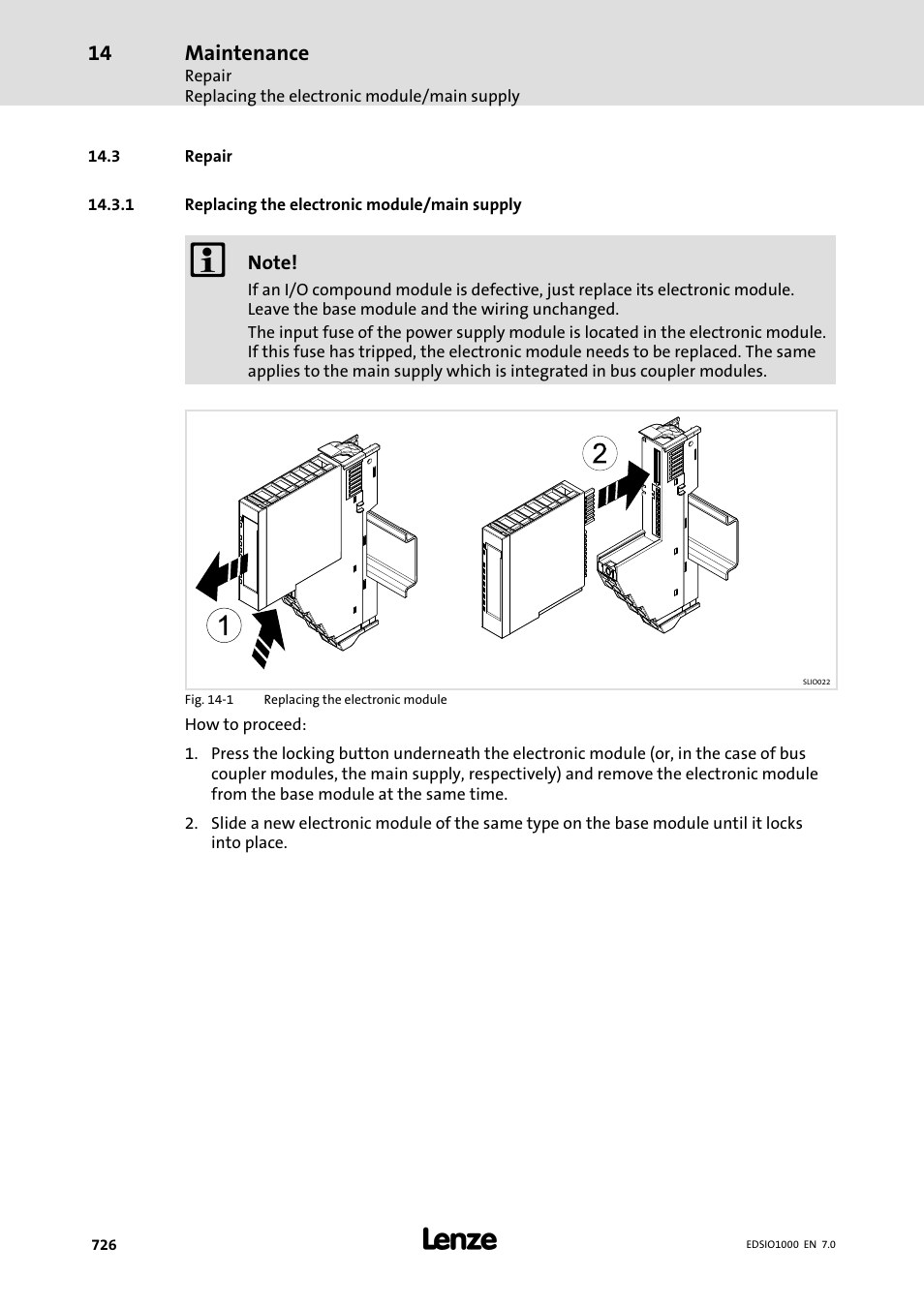 3 repair, 1 replacing the electronic module/main supply, Replacing the electronic module/main supply | Maintenance | Lenze I/O system 1000 System Manual User Manual | Page 726 / 744