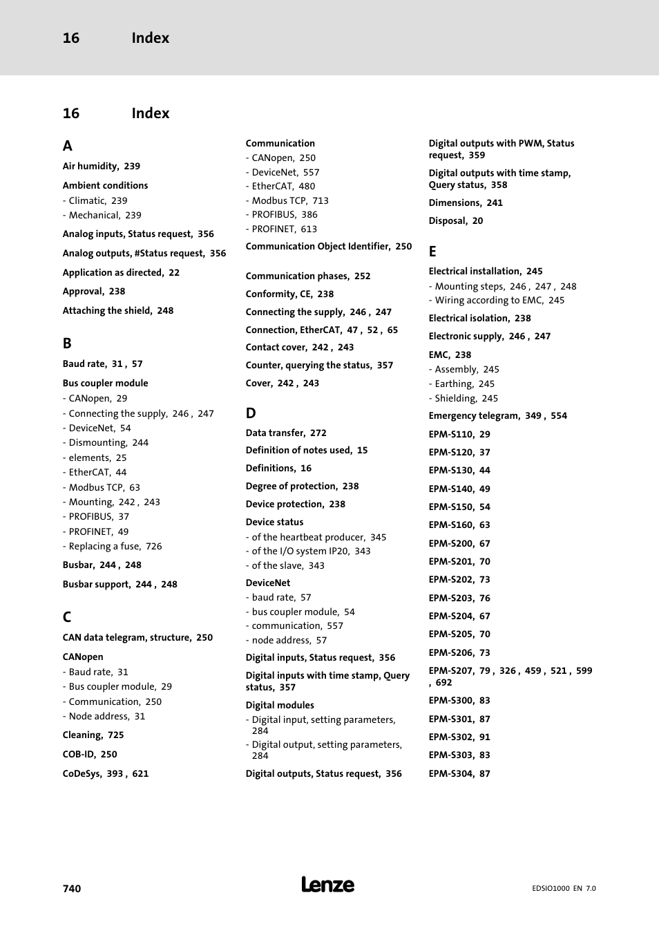 16 index, Index, Index 16 | 16 index a | Lenze I/O system 1000 System Manual User Manual | Page 740 / 744