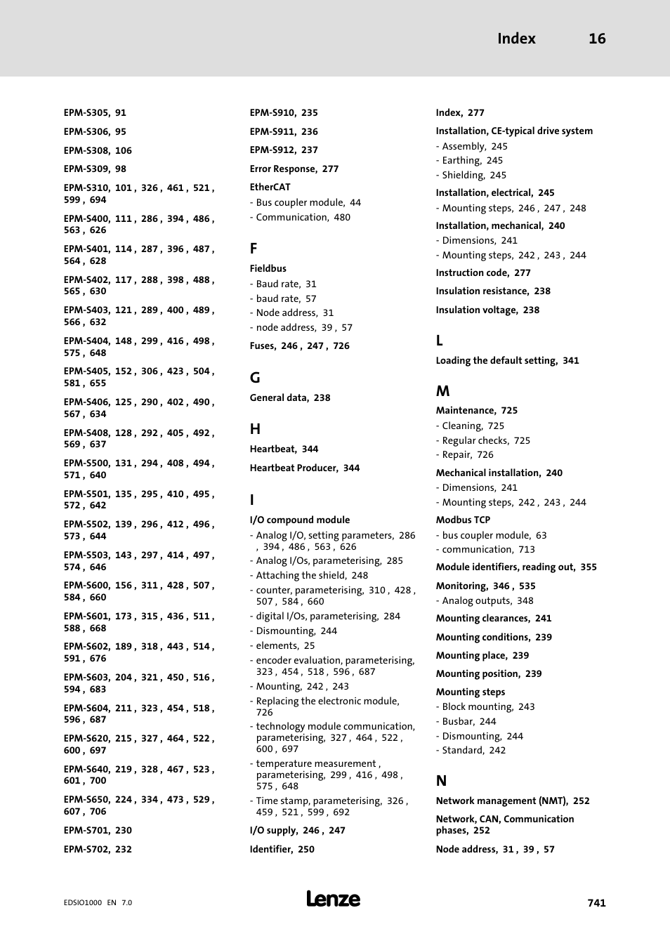 Index 16 | Lenze I/O system 1000 System Manual User Manual | Page 741 / 744